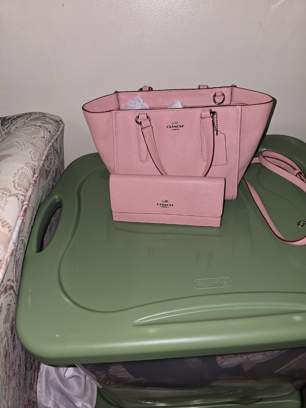 Coach Pink Leather Tote with Matching Wallet Silver Hardware